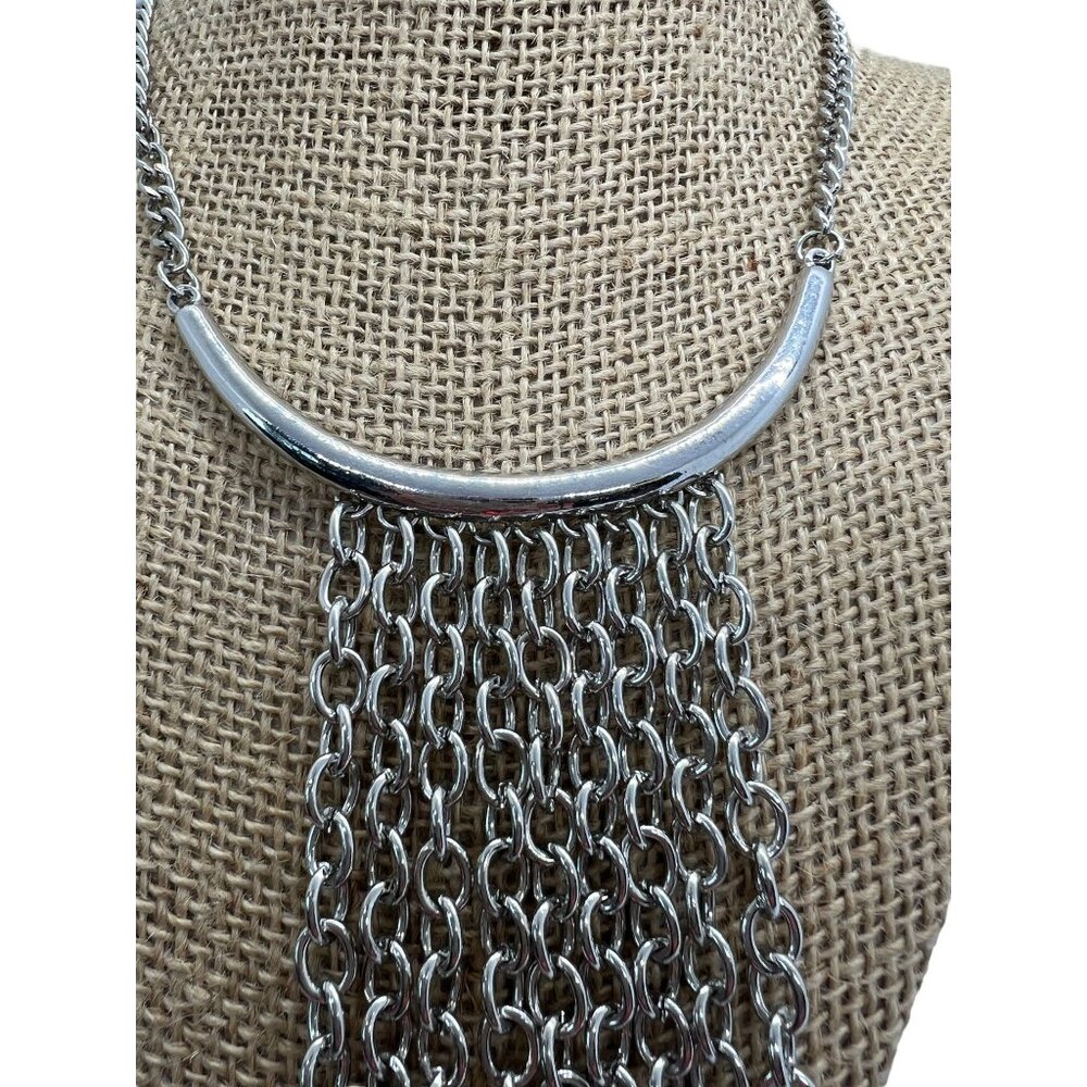 Silver Tone Statement Collar Choker Necklace Long… - image 2